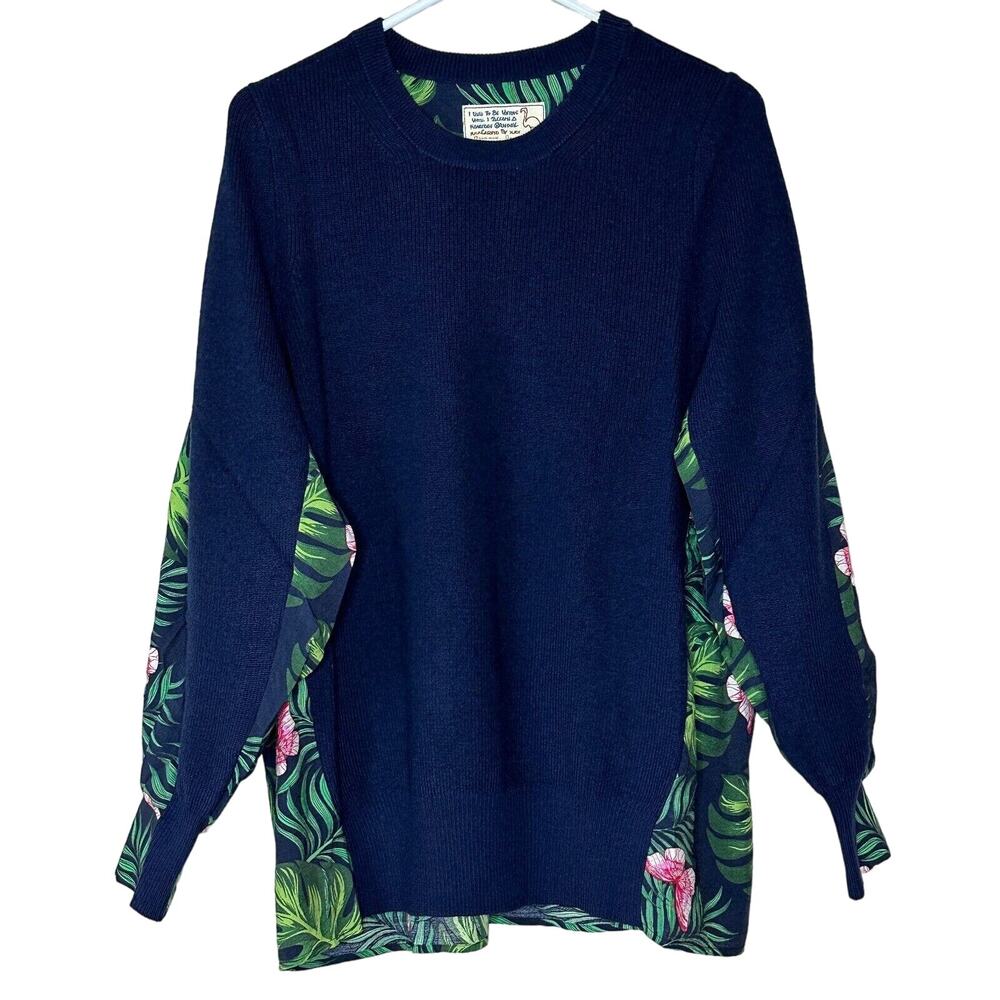 Sandrine Rose French Worker Floral Wool Blend Sweater Blue Women Medium NWT